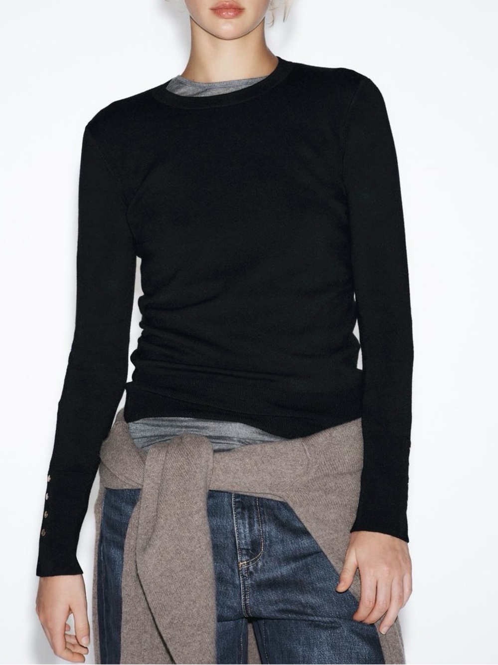 ZARA Basic black plain knit sweater with gold buttons